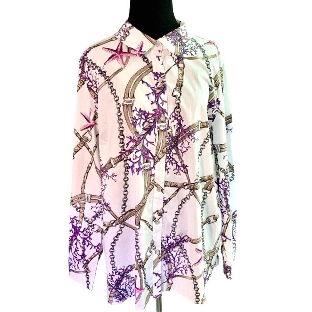 NWOT Susan Graver White Button Down Shirt with Beach & Nautical Print Size 16